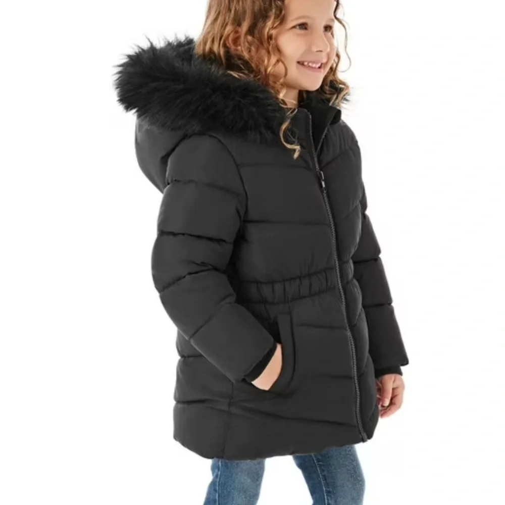 MEMBERSMARK Girls Black Puffer Parka, Warm Fleece Lined Jacket w/Removable Hood